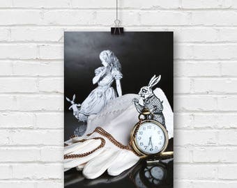 down the rabbit hole - alice in wonderland still life