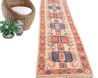 Vintage Persian Rug Runner Pink Wool Hand Knotted Rug Hallway Foyer Entryway Rug Turkish Medallion Ancient Symbols Bohemian Runner 12 FT Rug