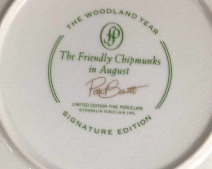 Wildlife Plate - Peter Barrett - Franklin Porcelain - Woodland Year - Friendly Chipmunks in August, Gift For Christmas, Cabin Decor