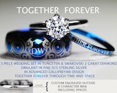 Doctor Who Inspired His 8mm Tungsten and Hers 2 Carat SWAROVSKI Diamond Simulant In 925 Sterling Silver Wedding Rings, All Custom Engraved