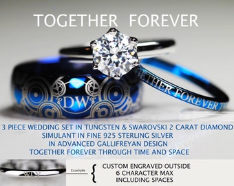 doctor who inspired his 8mm tungsten and hers 2 carat swarovski diamond simulant in 925 sterling - Dr Who Wedding Ring doctor who inspired his 8mm tungsten and hers 2 carat swarovski diamond simulant in 925 sterling - Dr Who Wedding Ring