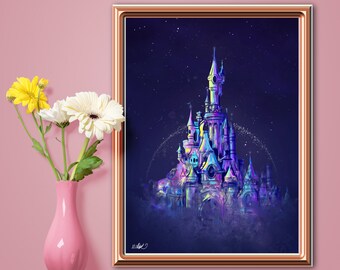 Paris Castle Print. Princess Fairytale Castle Watercolor Style Wall Art. Children Bedroom Nursery Decor.