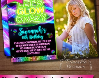 Glow Birthday Invitation, Neon Glow Birthday Party invitation, Glow In The Dark Invitation, Blacklight Invitation, Teen Birthday
