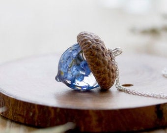 Forget Me Not Necklace - Real Flower Acorn , Something Blue , Botanical Necklace , Woodland Jewelry , Resin Necklace , Resin Jewelry , Acorn