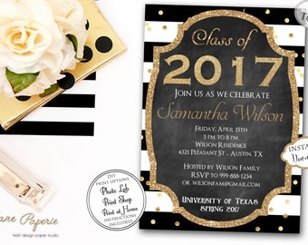 INSTANT DOWNLOAD - Graduation Invitation Black Stripe Gold Confetti - Class of 2017 - Graduation Party - High School Graduation
