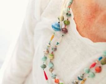 Ugandan Paper Bead Bright Necklace Natural ekisa African Jewelry fair trade recycled uganda africa Extra Long Multi-color Ugandan paperbead