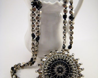 Black Bead Embroidery Mandala Pendant with Beadwoven Necklace, Black and Silver Czech Glass Button Pendant, Black Statement Jewelry
