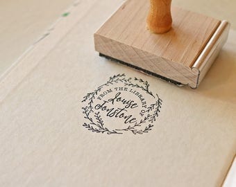 Custom Library Stamp - Calligraphy Book Stamp - Ex Libris - From the Library of - Wreath Laurel Feminine Rubber Stamp