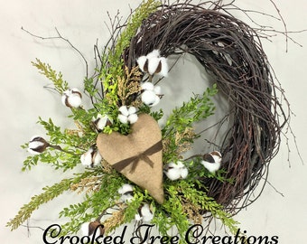 Cotton Boll Wreath, Heart Wreath, Valentine Wreath, Cotton Wreath, Romantic Wreath, Rustic Wreath, Wedding Wreath, Woodland Wreath, Cotton