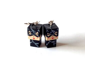 Earrings Wooden Dolls "Catwoman" - Hand-made