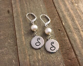 Freshwater Pearl Initial Earrings, Choose Your Letter, Classy White Pearl Earrings, Sterling Posts, Alphabet Earrings, Initial Jewelry