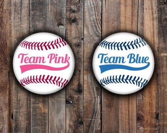 Baseball gender reveal pins. Team Pink and Team Blue.