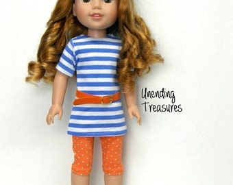 14 inch doll clothes AG doll clothes cornflower blue & white striped tunic orange capris belt made to fit like wellie wishers doll clothes
