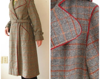 70s Plaid Wool Trench Coat // 1970s Green Brown Plaid Coat // Long Belted Coat