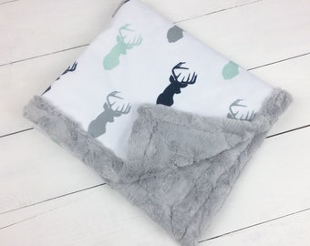 Deer Baby blanket, Minky blanket, Mint Navy Gray woodland blanket Buck head blanket baby shower gift throw blanket, personalized boy blanket