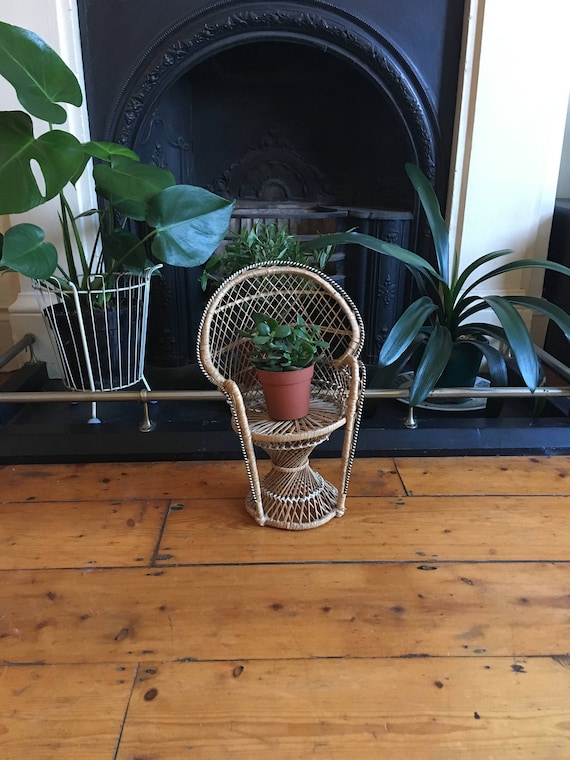 Vintage Mini Wicker Peacock Chair Plant Stand