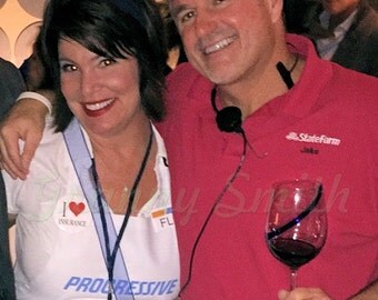 Combo: Progressive White Flo Apron & Jake State Farm Red Shirt with Flo name badge, head band, and I <3 insurance pin