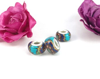 x1 Sky Blue Bright Glitter Bead, Orange Colourful Charm Bead, Silver, Pandora Style Charm Bracelet Bead, Artisan Gift Bead, Glitter Beads