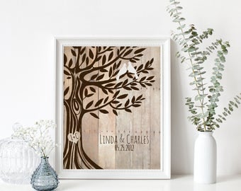 Personalized Wedding Gift, Names Wedding Date, Love Birds in Tree, Newly Weds Gift Family Tree Art, Names Wedding Date