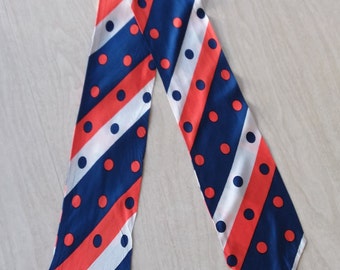 Vintage Woman's Necktie in Orange, Blue and White--Stripes and Polka Dots