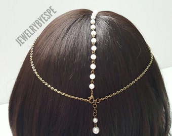 Pearl Head Chain,Bohemian Head Piece,Hair Accessories, Gypsy,Bridesmaid,Boho Wedding Pearl Headpiece Headdress Tribal Minimalist Jewelry