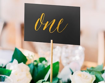 Asterism Gold Foil Table Numbers - Black Paper - Two Sided - Wedding Table Numbers with Gold / Silver / Rose Gold Foil by Pineapple