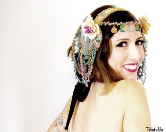 Belly dance costume, Gold head piece, Bellydance Hair Clip, Tribal Fusion Headdress, Belly dance Hair Accessories, Turquoise Headdress