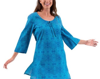 Beach Cover Up or Kaftan Dress in 100% Cotton – Cosmic Aqua-ON SALE!!