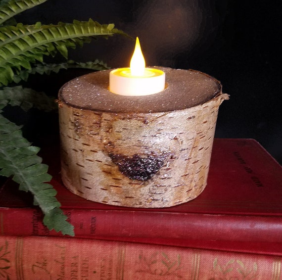 ON SALE Birch Glitter Candle Holder Holds a Flameless LED