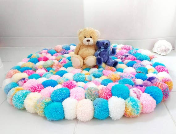 Unicorn coloured Pom Pom rug girls bedroom rug fluffy