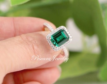 Lab Emerald Ring - Green Emerald Ring - Emerald Cut Ring - Emerald Halo Engagement Ring - Sterling Silver