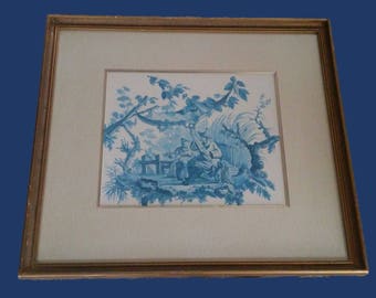 Vintage Framed Ethan Allen Blue and White Chinoiserie Print Wall Art Gilded Gold Hollywood Regency Asian Man Woman Musician