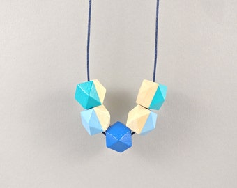 Geometric Necklace - Baby Blue, Blue & Turqouise | Statement Necklace | Wooden Bead | Gift for her | Geometric | Statement | Mother's day