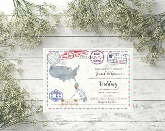 Country map wedding invitation Travel theme wedding invitation Destination map invite International couple invite Two countries map invite