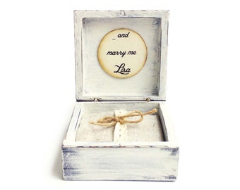 Proposal ring box Marry me, Engagement ring box, Wood ring bearer box, Shabby Distressed White ring box, Shabby ring holder box pillow