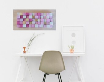 Rustic wood wall art, reclaimed wood wall sculpture, wood wall decor, wooden mosaic, modern wood art wall hanging, pink and gold wood art
