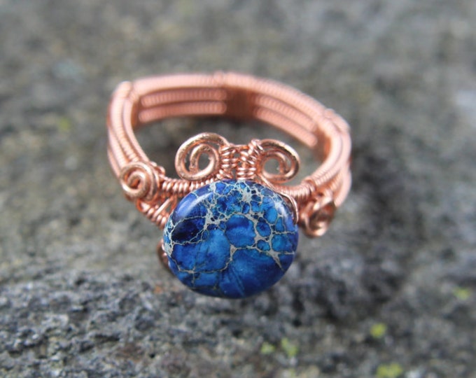 Copper Wire Weave Blue Dyed Sea Jasper Ring Size 9, Wire Wrap Beaded Jewelry, Unique Valentine's Day Gift for Her