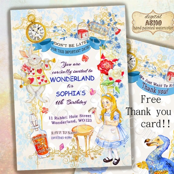 SALE Hand Drawn Alice in Wonderland Invitation Alice in