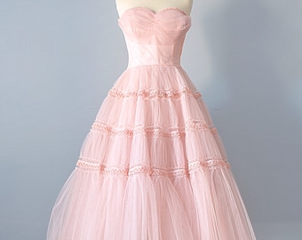 1950s Party Dress...Vintage Pink Teal Length Tulle Party Dress Prom Dress