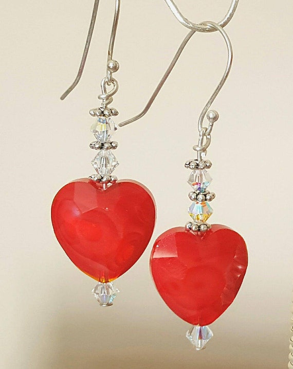 Red Swarovski Crystal AB Beaded Heart Earrings Dangle