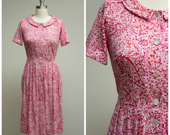 Vintage 1950s Dress • All Around • Pink Floral Printed Nylon Jersey 50s Day Dress by Shelton Stroller Size Medium