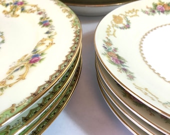 MISMATCHED PORCELAIN DINNER PLATEs 12 Piece 4 Place Settings Floral Gold Trim Dinner Plates Salad Plates Soup Bowls Wedding Holiday Table