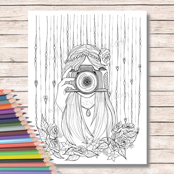 Printed Coloring Pages for Adults or kids. Girl with Camera