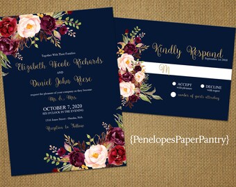 Romantic Navy Fall Wedding Invitation,Navy Blue,Burgundy,Marsala,Blush,Roses,Gold Print,Shimmery,Elegant,Printed Invitation,Wedding Set