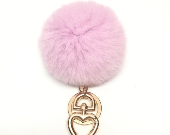 Heart Fur Pompom Keychain Rabbit Fur Ball Bag Charm Light Purple