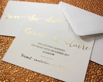 Luxury gold foil on silk white wedding save the date cards with envelopes