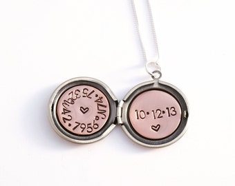 Wedding date necklace - Personalized locket necklace – GPS coordinates – Silver locket – Latitude longitude – Gift for bride - Special date