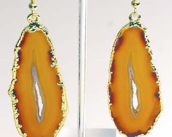 Gold Plated Natural Agate Slice Earrings (AE31BT)