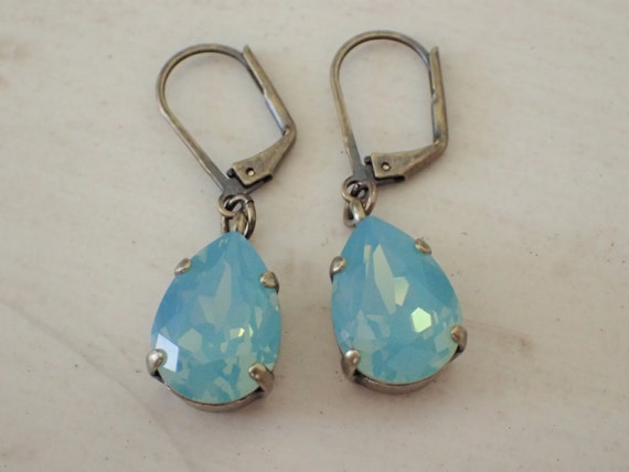 Pacific Opal Pear Crystal Leverback Earrings, Antique Brass