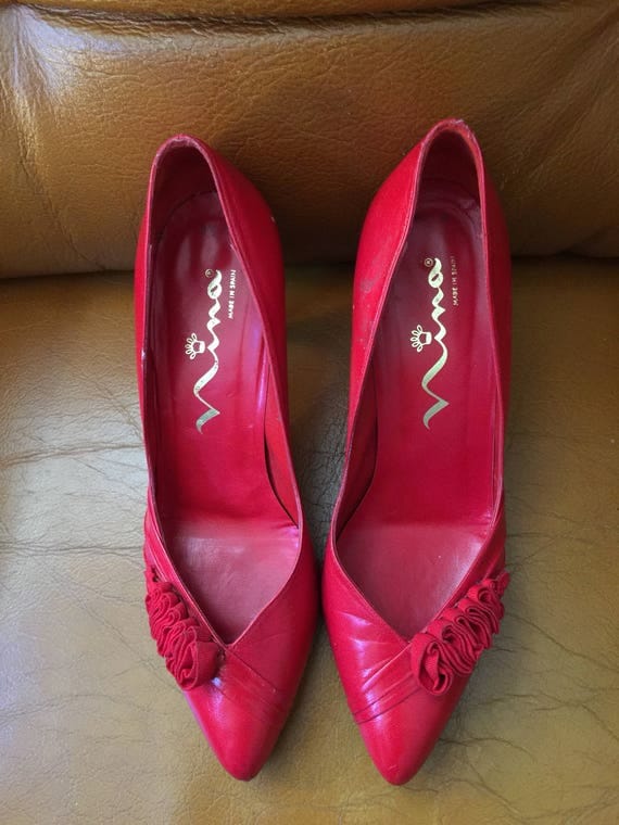 Vintage 'Nina' Red Leather High Heel Shoes Ruffled